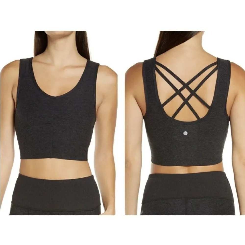 Zella XS Charcoal Gray Heathered Ruched‎ V-Neck Crisscross Strappy Sports Bra